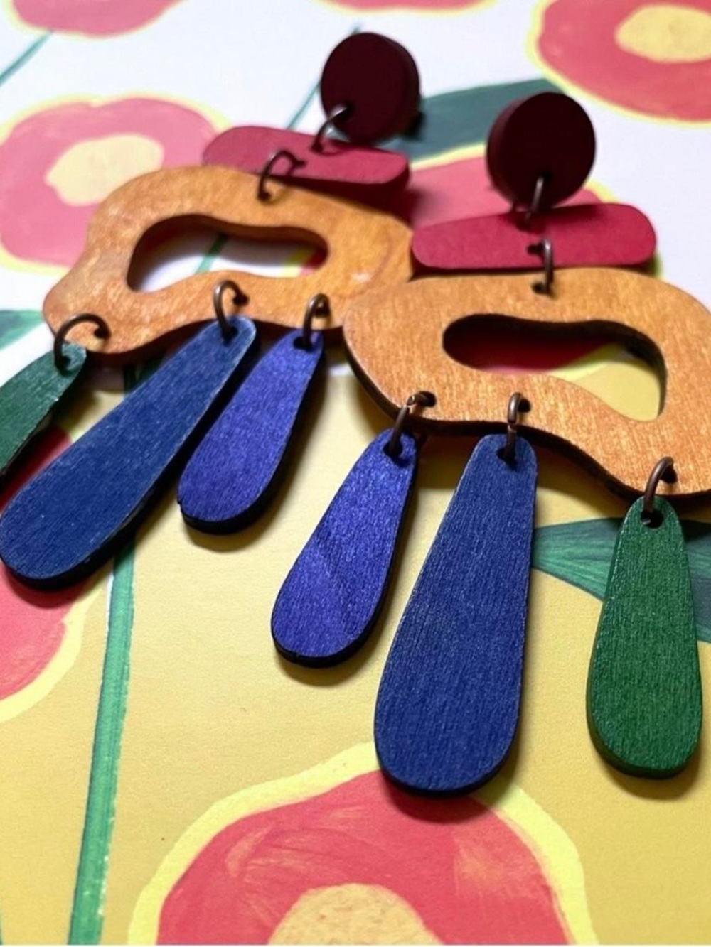 Colorblock Wood Dangle Earrings - Blue, Green, Red, Gold